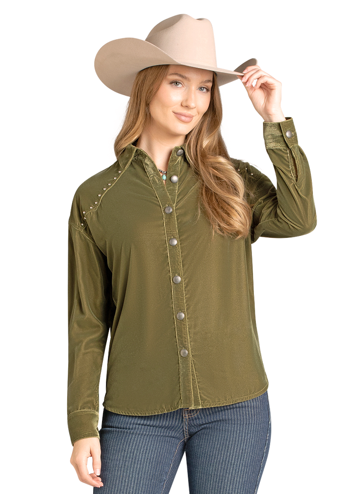 Panhandle Womens Olive Velvet Studded Long Sleeve Shirt