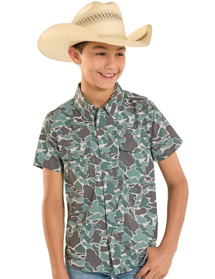 Panhandle Boys TEK Western Green Camo Short Sleeve Shirt