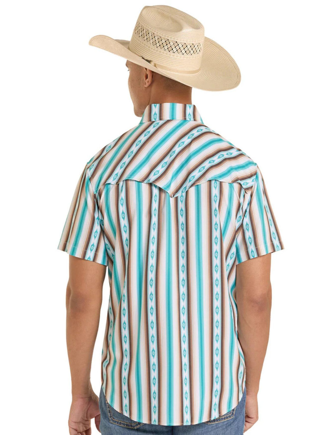 Panhandle Mens TEK Western Brown & Turquoise Stripe Short Sleeve Shirt