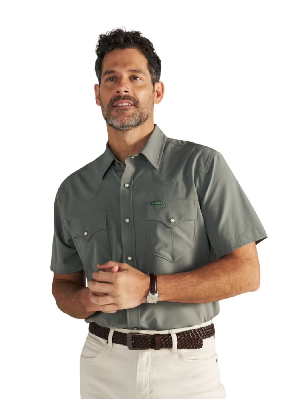 Tecovas Mens Cactus Performance Western Short Sleeve Pearl Snap Shirt