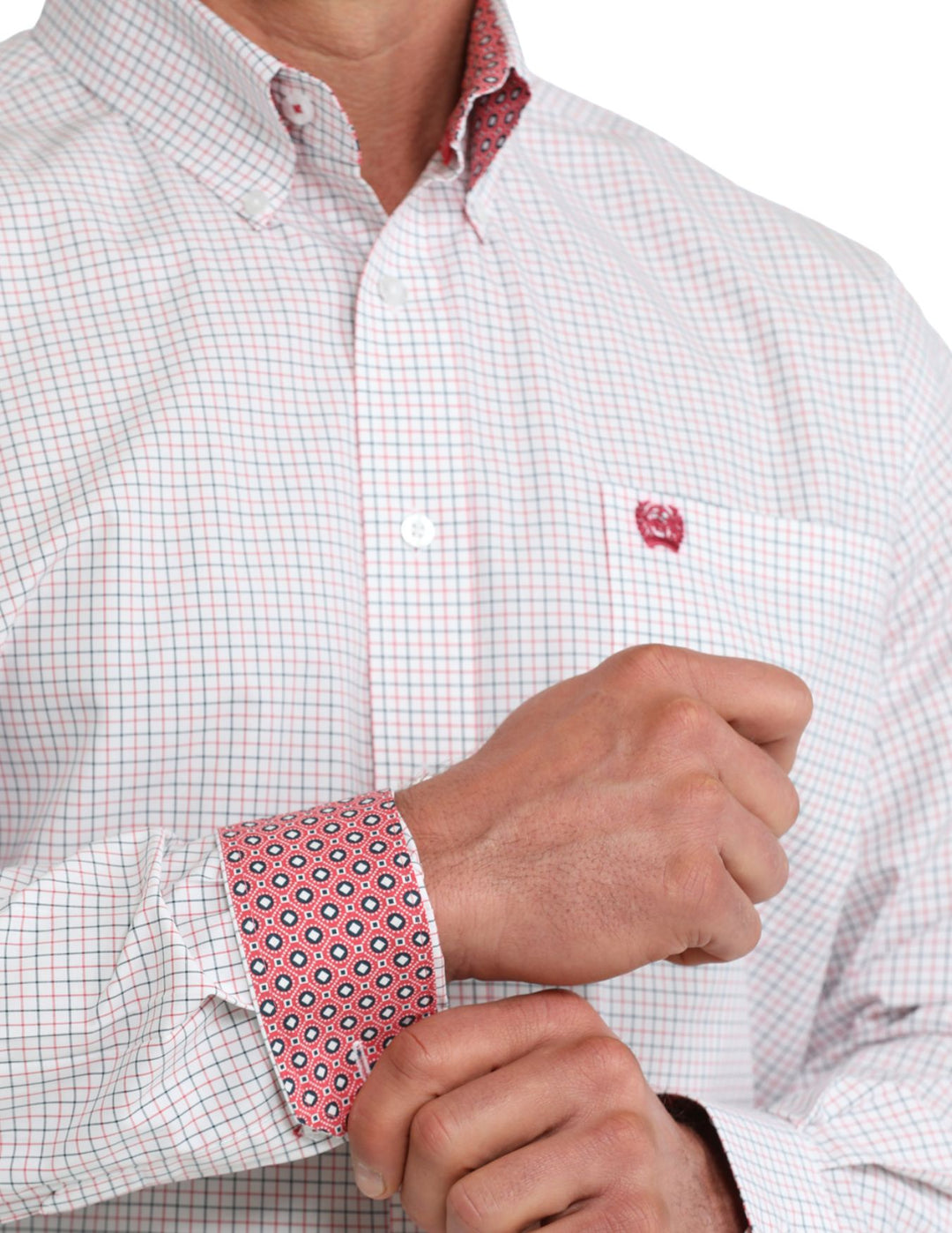 Cinch Mens White Micro Plaid Long Sleeve Shirt