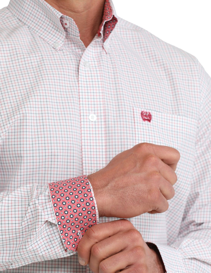 Cinch Mens White Micro Plaid Long Sleeve Shirt