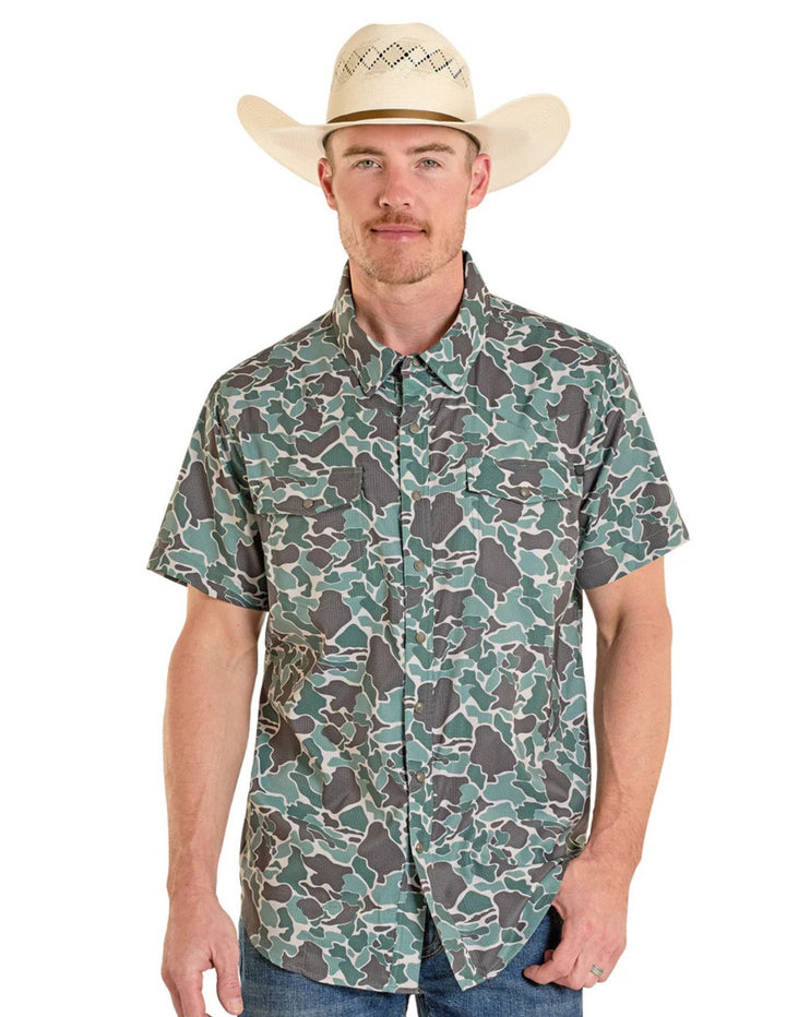 Panhandle Mens TEK Western Classic Green Camo Short Sleeve Shirt