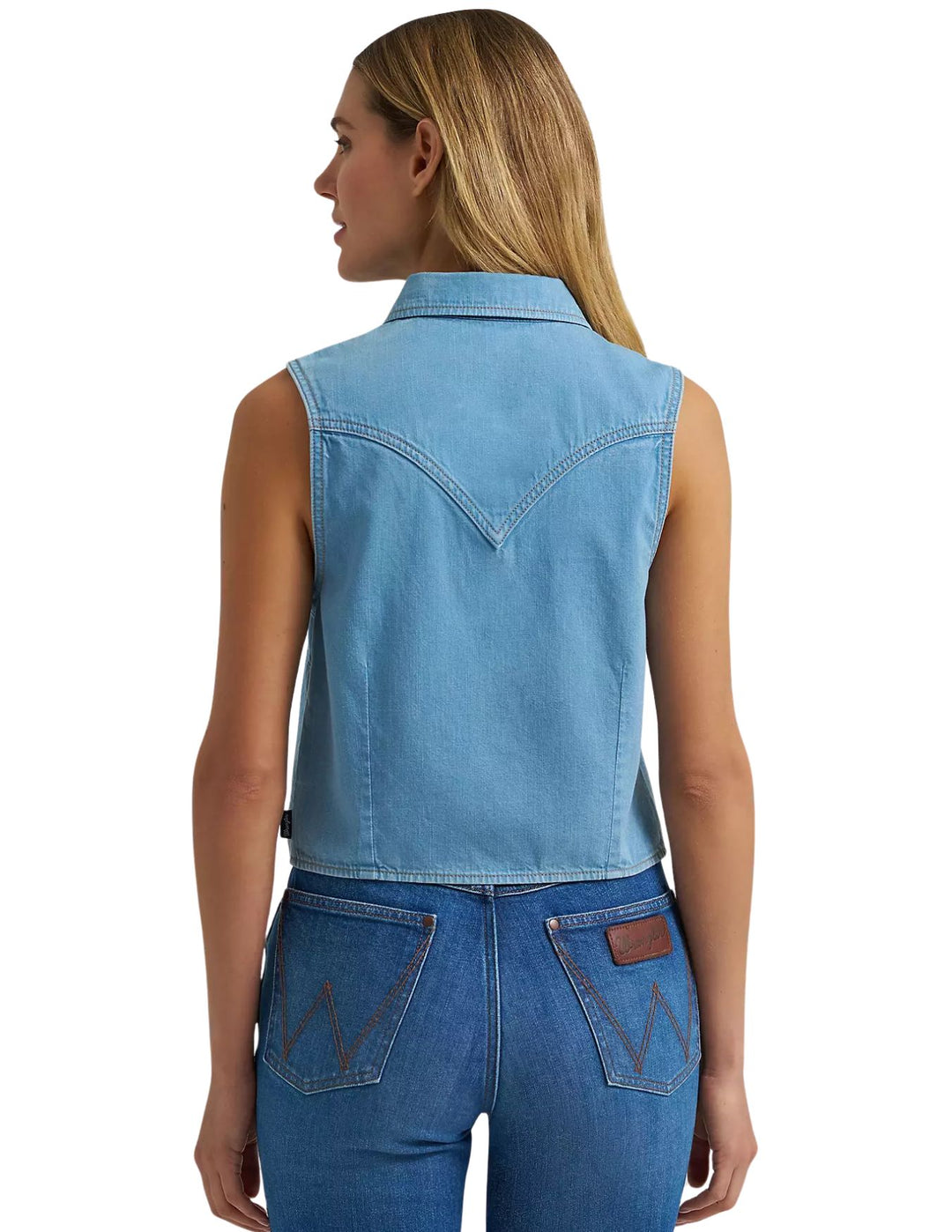 Wrangler Womens Saddle Embroidered Denim Sleeveless Snap Shirt