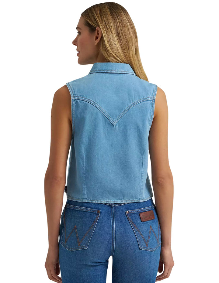 Wrangler Womens Saddle Embroidered Denim Sleeveless Snap Shirt
