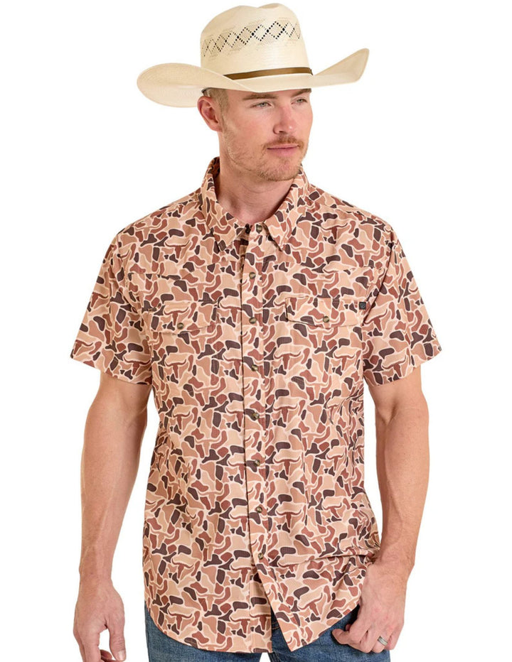 Panhandle Mens Camel Camo Tek Short Sleeve Shirt