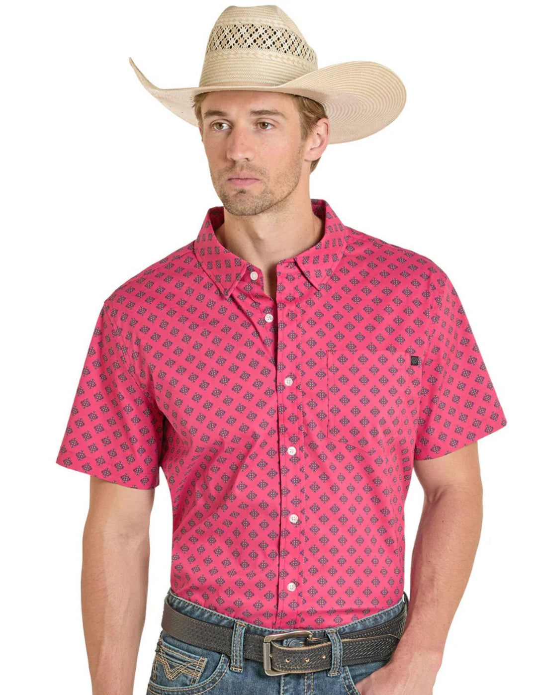 Panhandle Mens TEK Western Pink Aztec Print Short Sleeve Shirt Panhandle Mens TEK Western Pink Aztec Print Short Sleeve Shirt