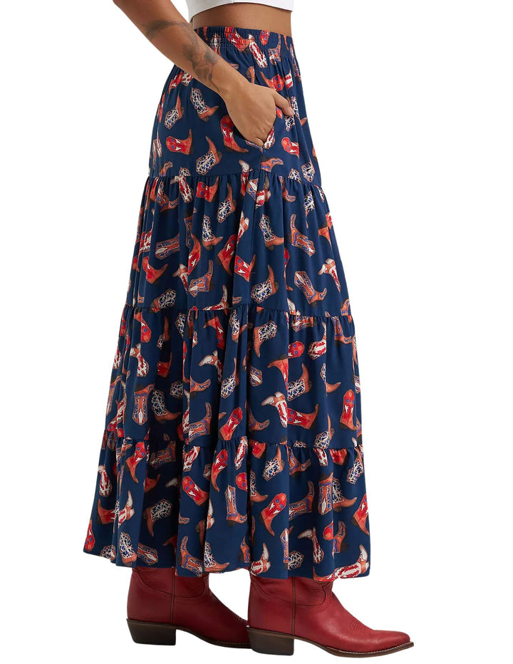 Wrangler Womens Boot Printed Tiered Maxi Skirt