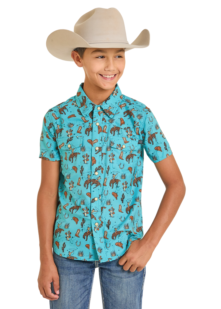 Panhandle Boys Turquoise Western Novelty Print Short Sleeve Shirt