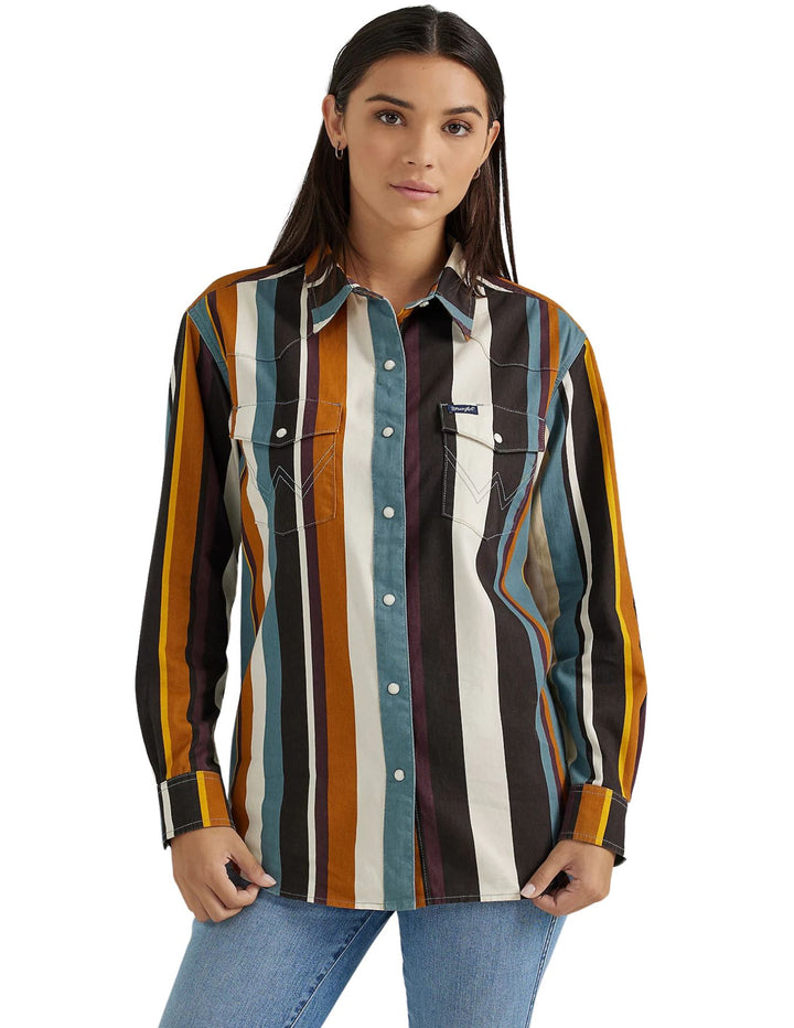 Wrangler Womens Brushpopper Stripe Cowboy Snap Shirt