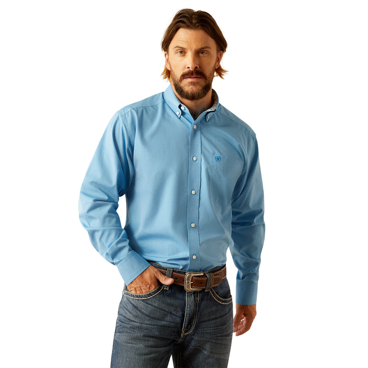 Ariat Mens Blue Wrinkle Free Solid Classic Fit Shirt