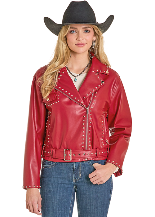 Panhandle Womens Red Studded Pleather Jacket