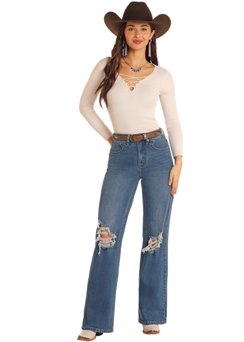 Panhandle Womens Relaxed Distressed Flare Jeans