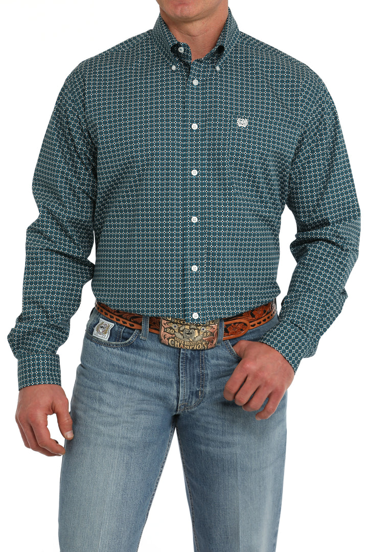 Cinch Mens Teal Geometric Print Button Down Shirt