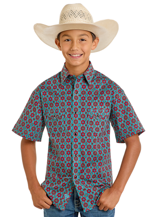 Panhandle Boys Turquoise Medallion Print Short Sleeve Shirt