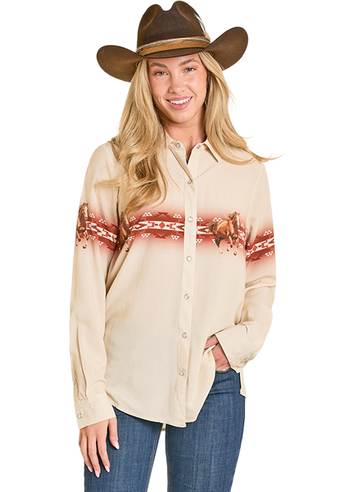 Panhandle Womens Oversized Horse Printed Snap Long Sleeve Shirt