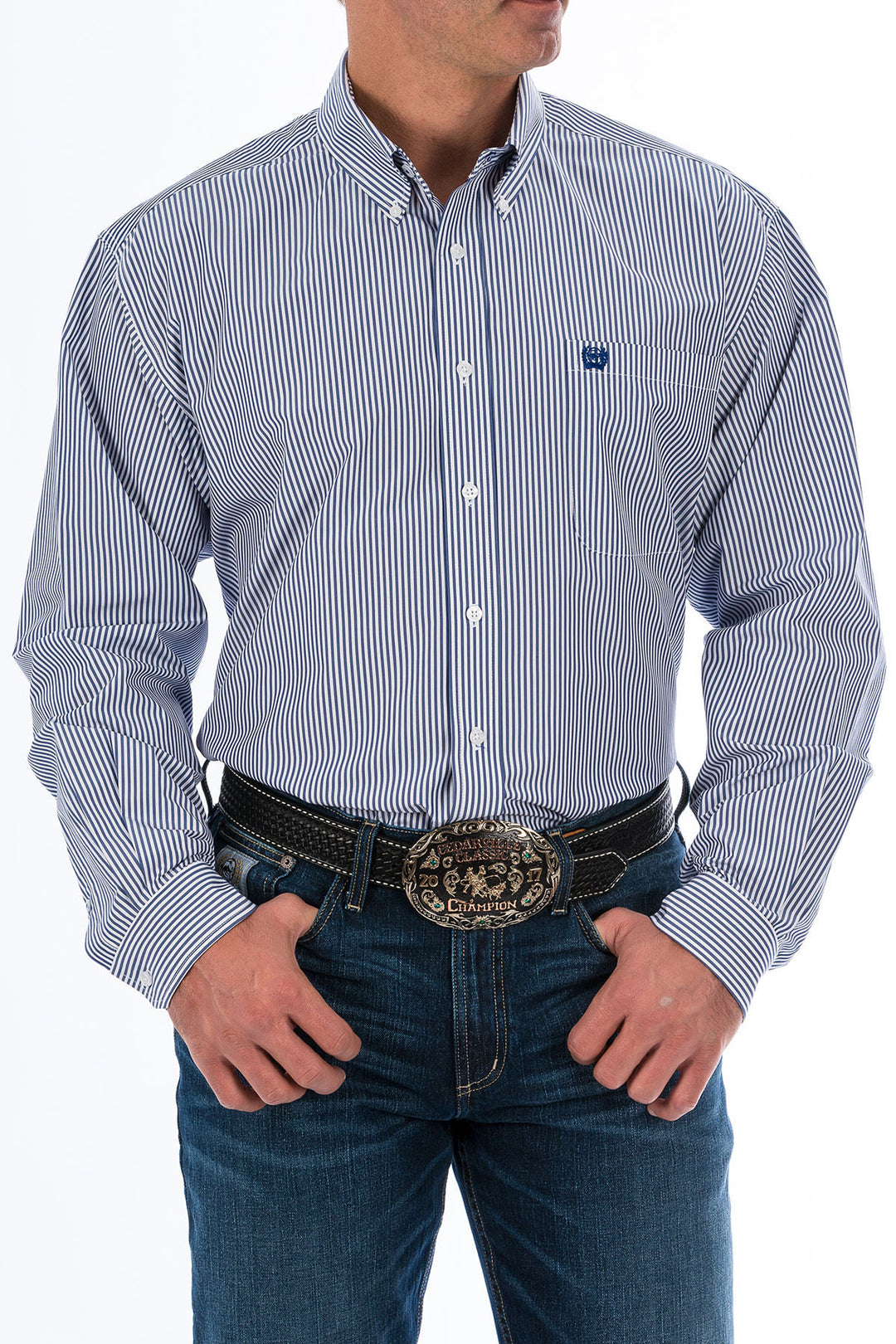 Cinch Mens Light Blue Striped Long Sleeve