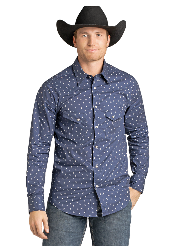 Panhandle Mens Navy Geo Print Long Sleeve Shirt