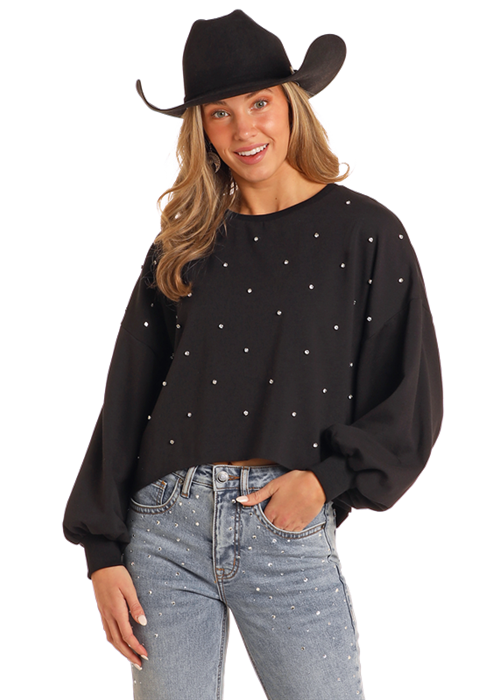 Panhandle Womens Black Rhinestone Cropped Pullover