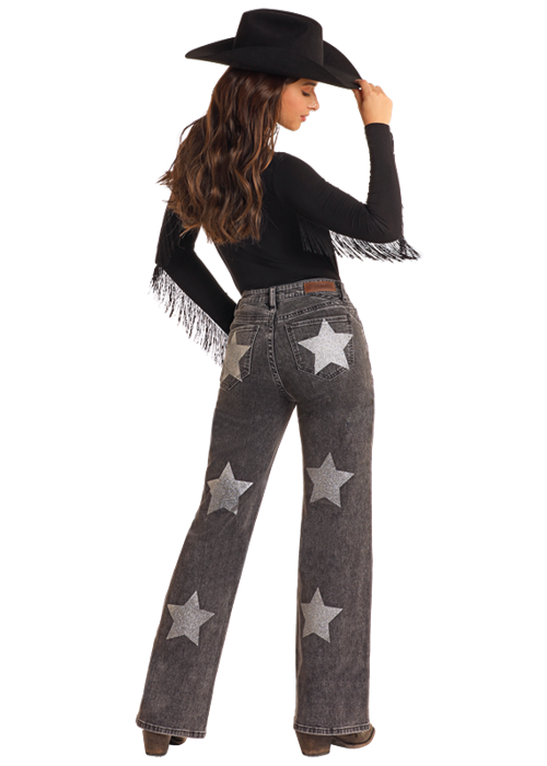 Panhandle Womens High Rise Star Print Relaxed Flare Jeans