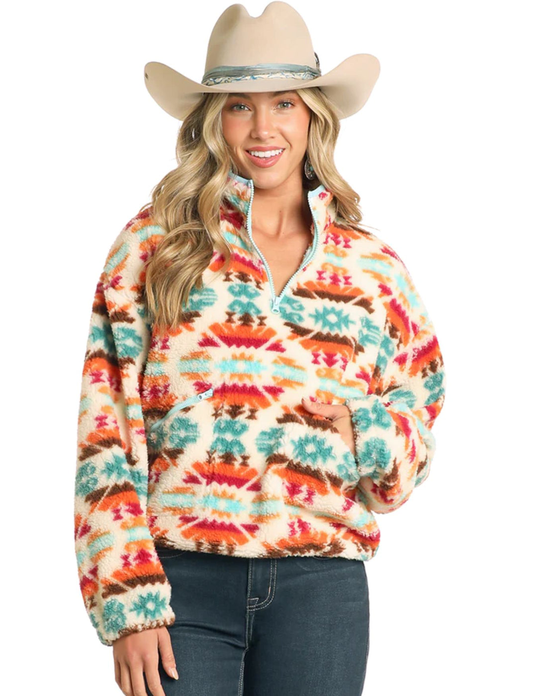 Panhandle Slim Womens Cream Aztec Print Sherpa Pullover – Texas