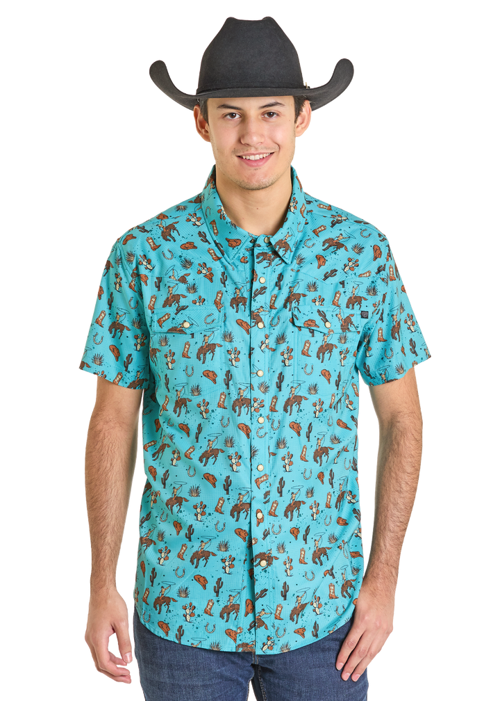 Panhandle Mens Turquoise Western Novelty Print Short Sleeve Shirt