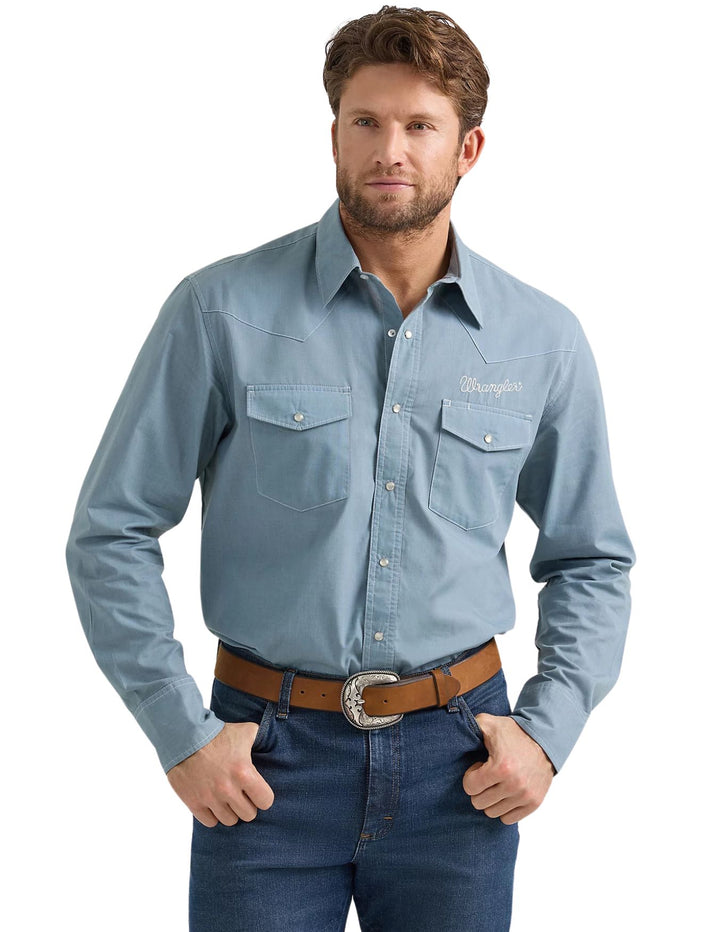 Wrangler Mens Chambray Logo Western Snap Workshirt