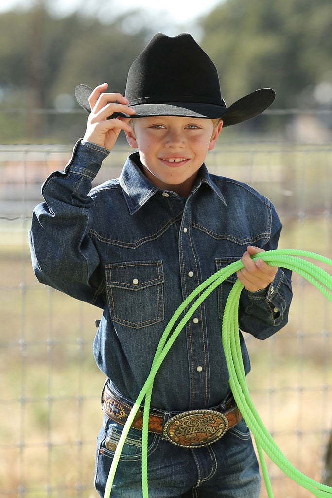Kids Boys Denim Pearl Snap Cinch Long Sleeve Shirt – Texas