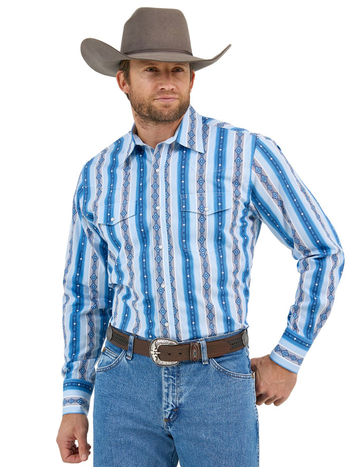 Wrangler Mens Blue Western Print Long Sleeve Shirt