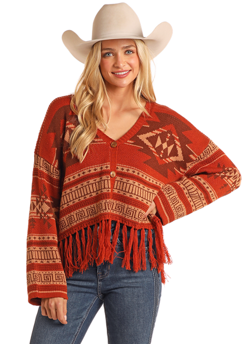 Panhandle Womens Aztec Fringe Steer Skull Cardigan Sweater