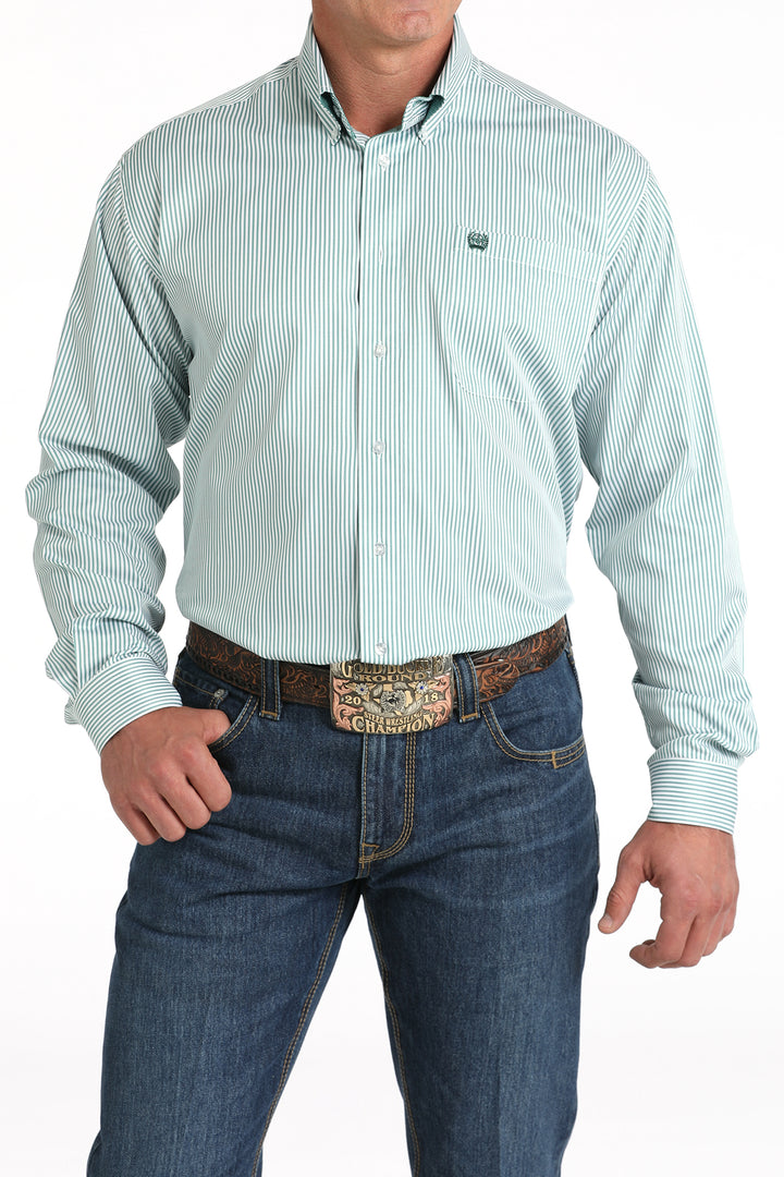 Cinch Mens Green Stripe Long Sleeve Shirt