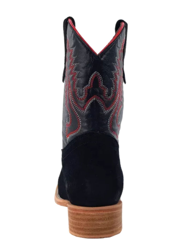 R.Watson Kids Black Roughout Wide Square Toe Boots