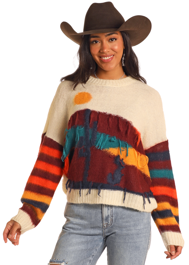 Panhandle Womens Desert Scenery Fringe Sweater