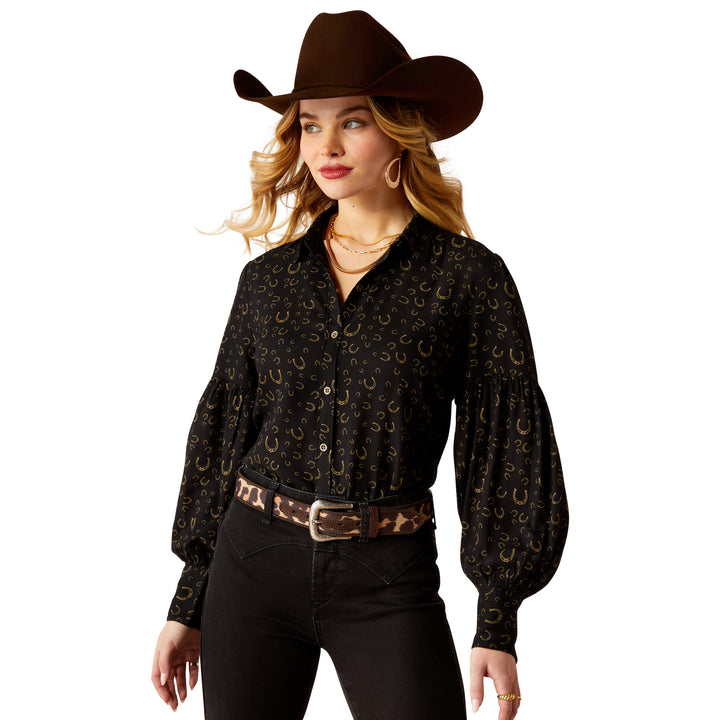 Ariat Womens Antique Gold Horseshoe Print Western Shirt