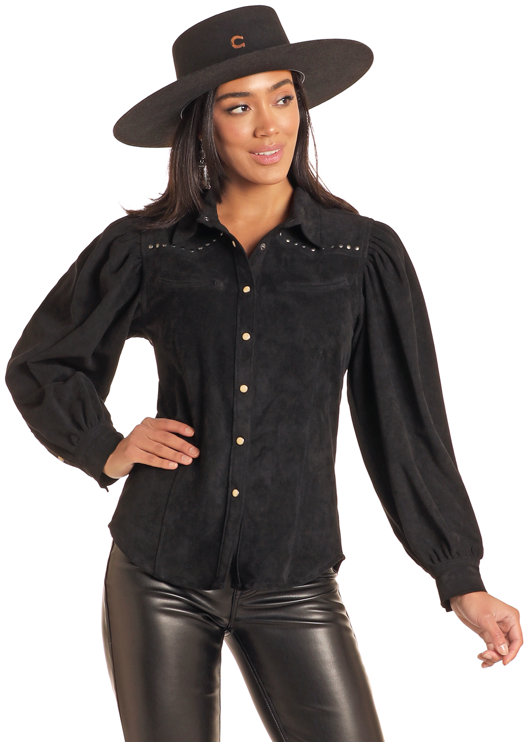 Panhandle Slim Womens Black Microsuede Snap Shirt