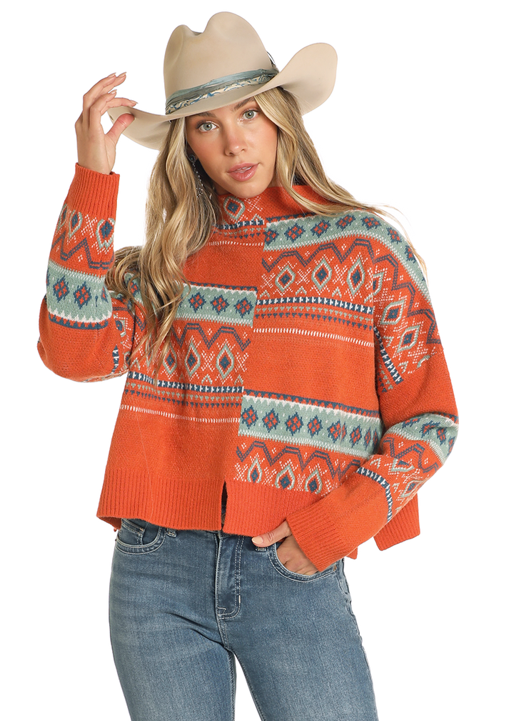 Panhandle Slim Womens Orange Modern Aztec Sweater