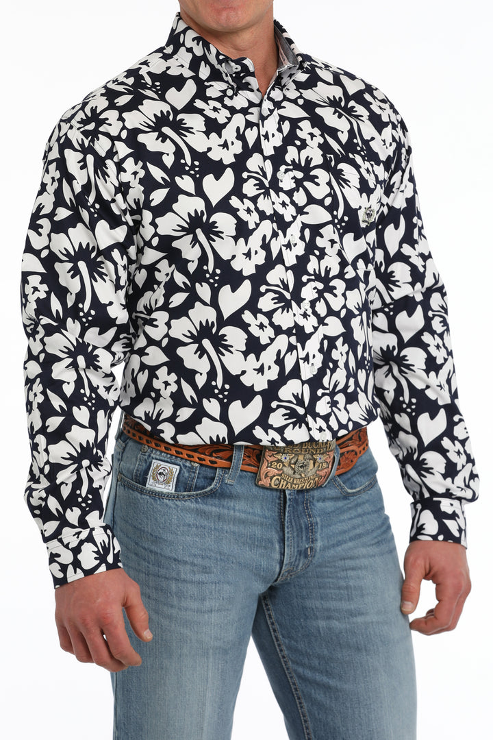 Cinch Mens Navy Flower Print Long Sleeve Shirt