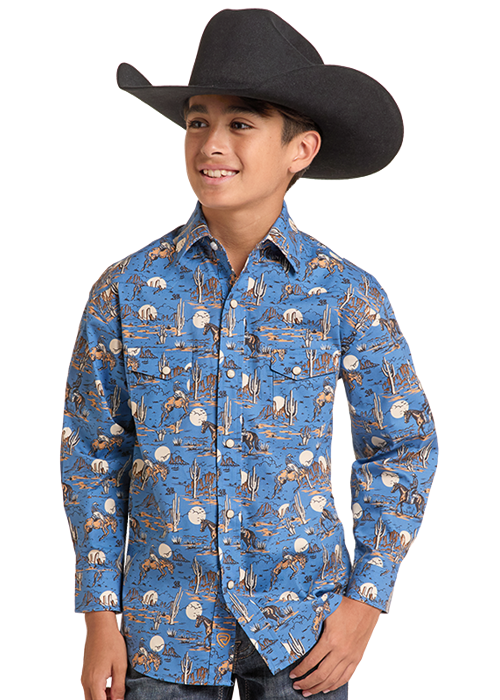 Panhandle Boys Blue Novelty Printed Long Sleeve Shirt