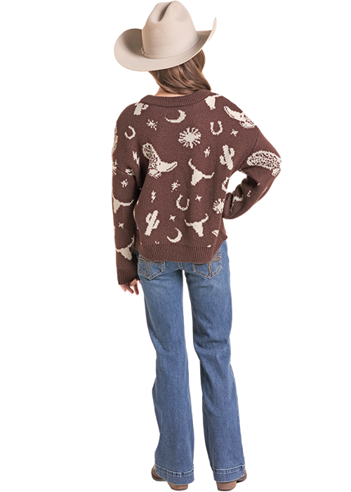 Panhandle Girls Chocolate Western Print Sweater