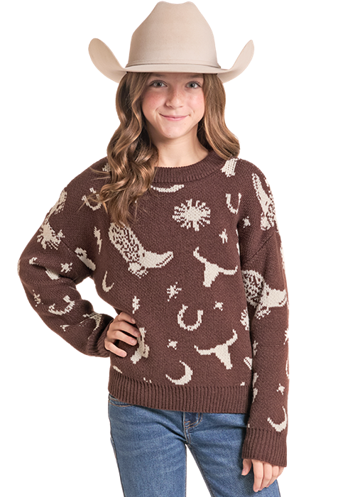 Panhandle Girls Chocolate Western Print Sweater
