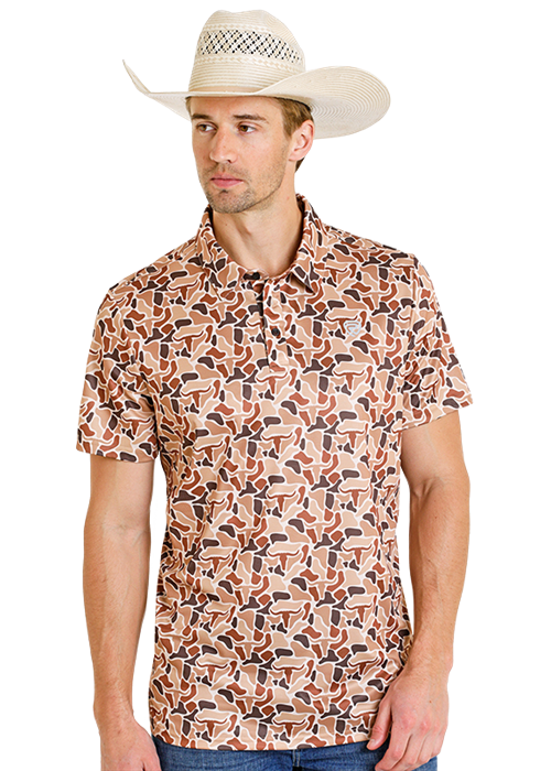 Panhandle Mens Camo Steer Print Polo