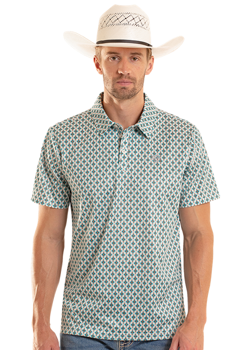 Panhandle Mens Teal Mini Aztec Polo