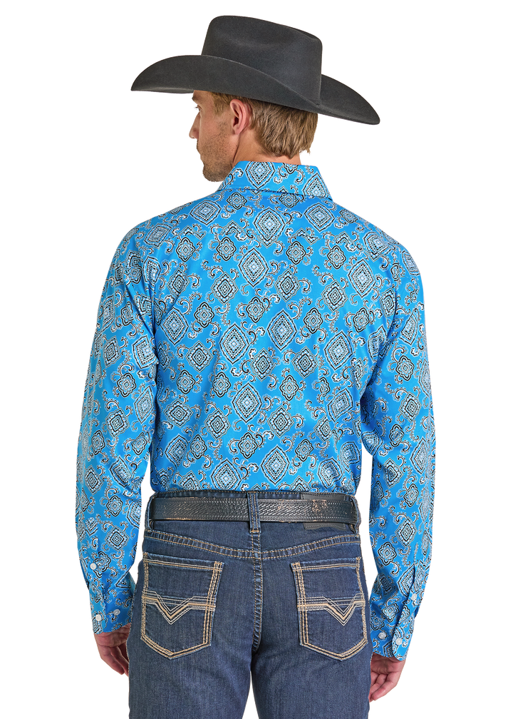 Panhandle Mens Turquoise Medallion Print Long Sleeve Shirt