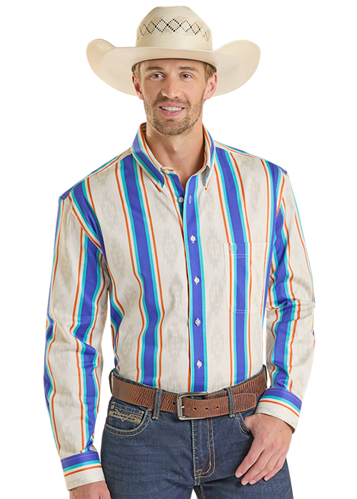 Panhandle Mens Blue Striped Long Sleeve Shirt