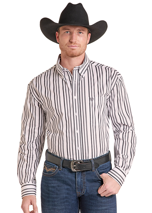 Panhandle Mens Grey Striped Long Sleeve Shirt