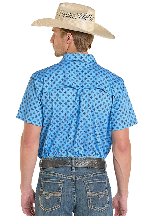 Panhandle Mens TEK Western Sky Blue Aztec Print Short Sleeve Shirt