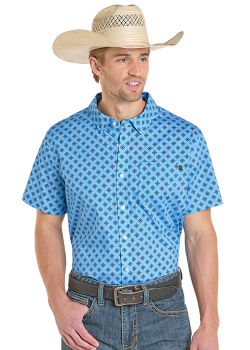 Panhandle Mens TEK Western Sky Blue Aztec Print Short Sleeve Shirt