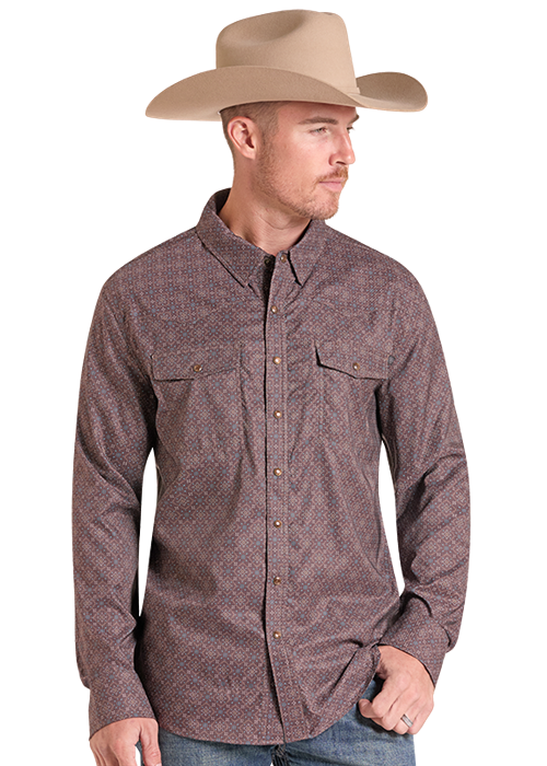 Panhandle Mens Tek Dark Brown Medallion Print Long Sleeve Shirt