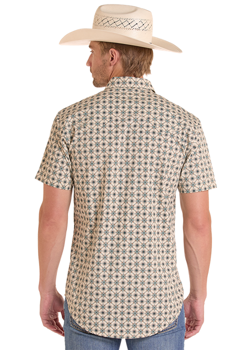 Panhandle Mens Teal Medallion Print Short Sleeve Shirt