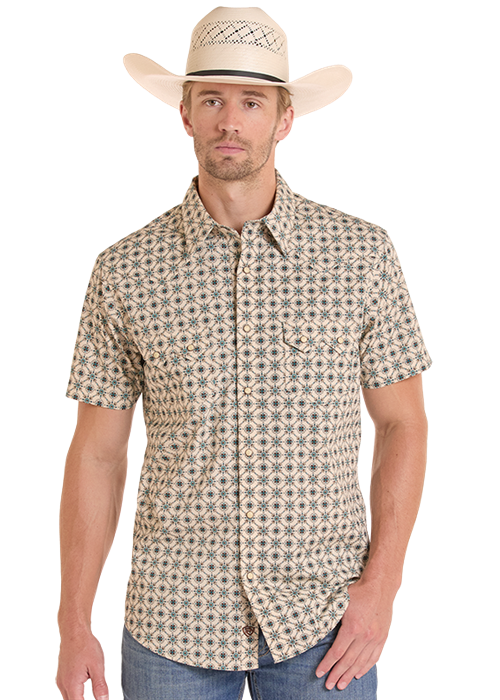 Panhandle Mens Teal Medallion Print Short Sleeve Shirt